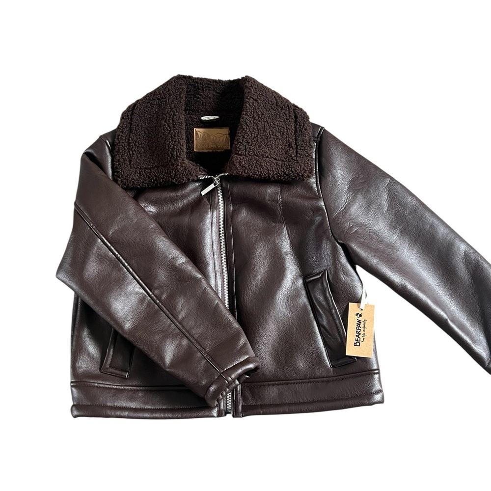 BearPaw Brown Leather Sherpa Collar Jacket